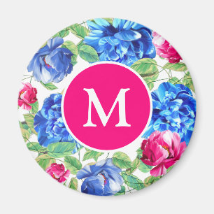 Imán Rosa Brillante y Floral Azul Monogramada Bonita