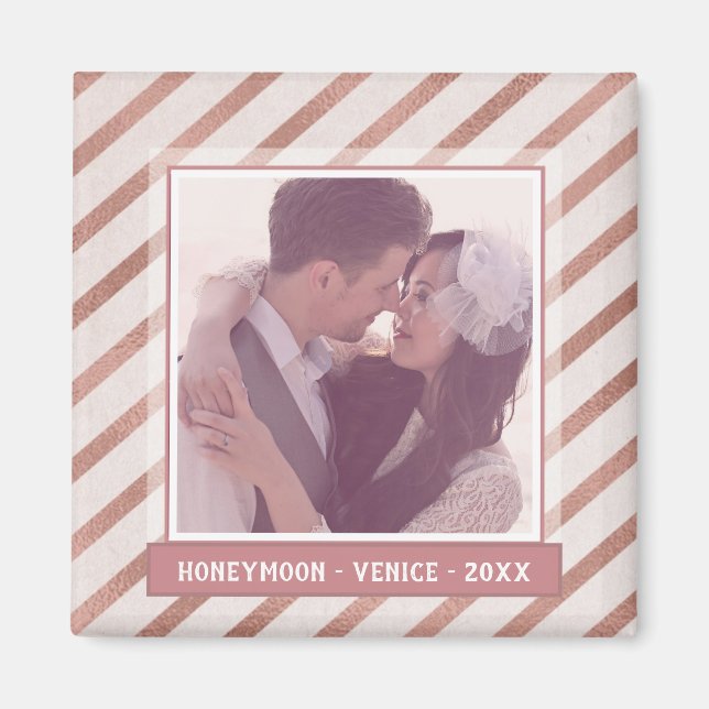 Imán Rosa con rayas de oro elegante Personalizado foto  (Frente)