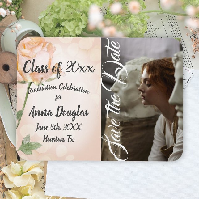 Imán Rosa de Invitación de Boho Rosa Dusty (peach rose peach fuzz botanical floral save the date graduation party photo magnet announcement)