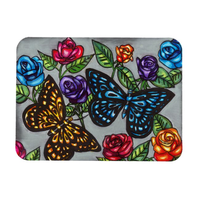 Imán Rosa de mariposa flor original dibujo natural (Horizontal)