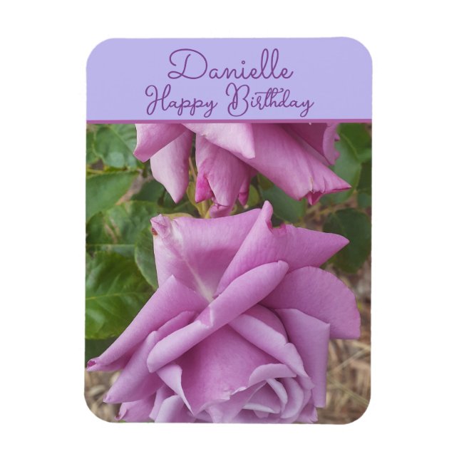 Imán Rosa Flor Morada Nombre de Niña Cumpleaños (Vertical)