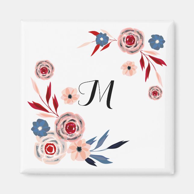 Imán Rosa, flores azules, estampado floral, personaliza (Frente)