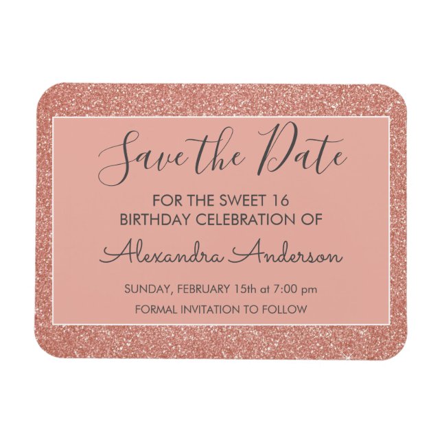 Imán Rosa Gold Purpurina Sweet 16 Save the Date (Horizontal)