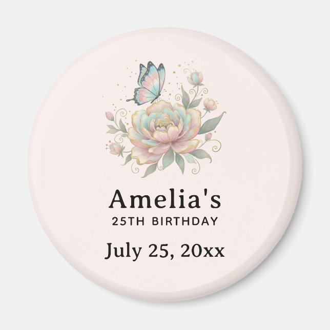 Imán Rosa mágica y mariposa Cumpleaños fecha pastel (Frente)