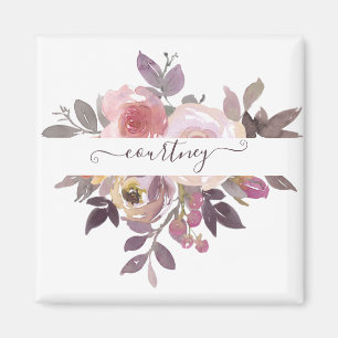 Imán Rosa pastel y flores personalizadas moradas