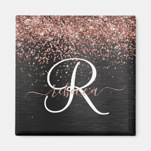Imán Rosa personalizado Purpurina de oro Monograma de e