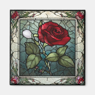 Imán Rosa Roja con Borde de Vid con Aspecto de Vitral 2
