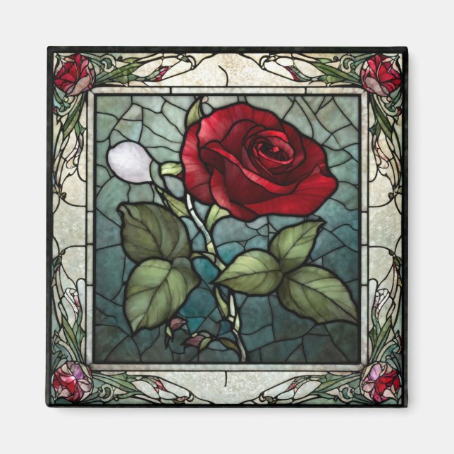 Imán Rosa Roja con Borde de Vid con Aspecto de Vitral 2 (Frente)
