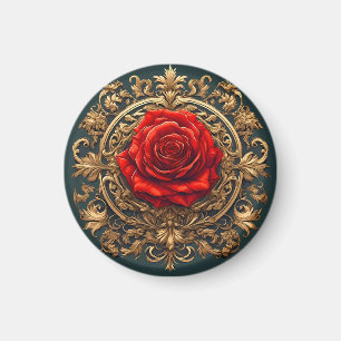 Imán Rosa Roja Ornata Con Marco Barroco Dorado
