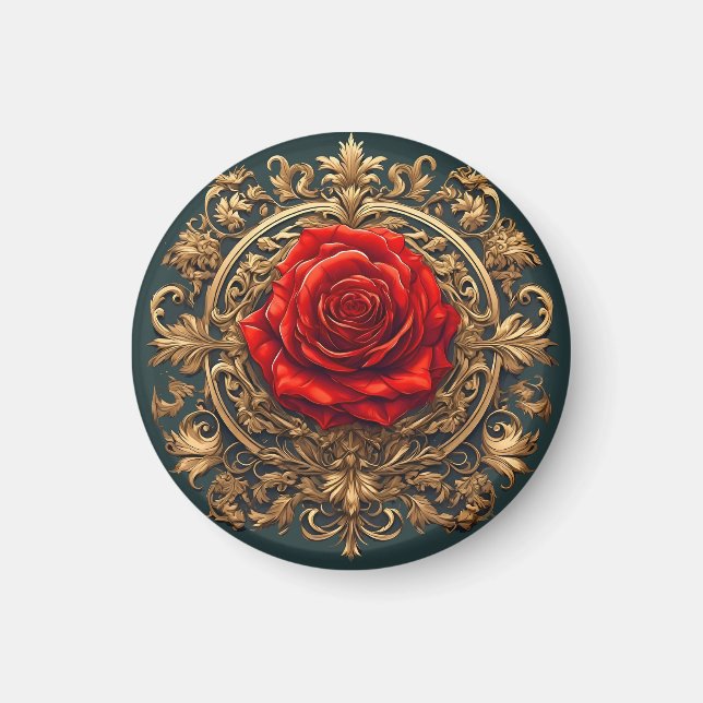 Imán Rosa Roja Ornata Con Marco Barroco Dorado (Frente)
