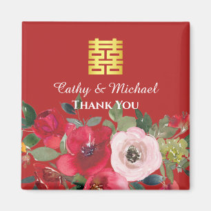 Imán Rosa rojo floral boda china doble felicidad