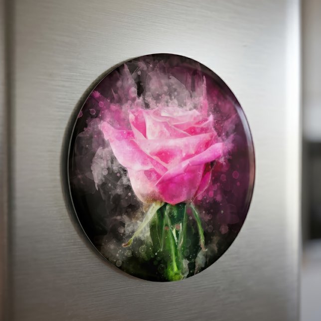 Imán Rosa rosa acuarela sobre fondo negro (Pink Rose Watercolor on Black Background. Magnet )