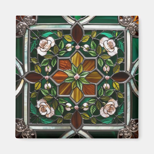 Imán Rosa verde y ámbar Mandella con aspecto de vitral (Frente)