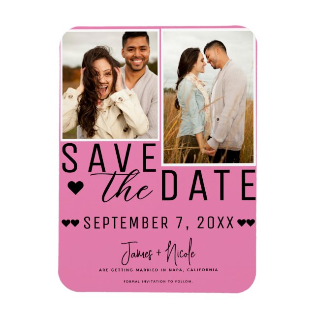 Imán Rosa y Negro Save the Date 2 Foto Boda (Vertical)