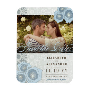 Imán Rosas Azules Damask Lace Photo Save the Date Magne