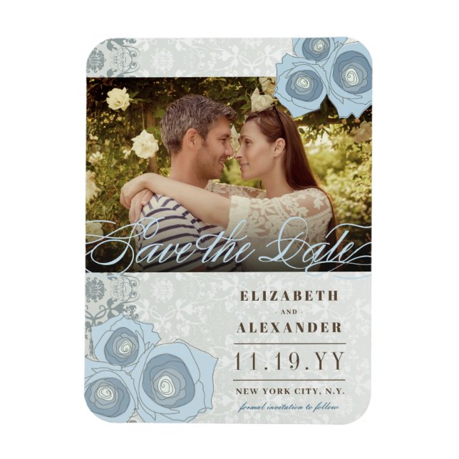 Imán Rosas Azules Damask Lace Photo Save the Date Magne (Vertical)