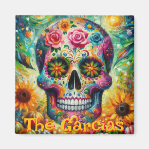 Imán Rosas florales de cráneo de azúcar girasol persona