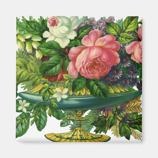 Imán Rosas Pink Florales Antiguas, Jarrón de Flores (Frente)