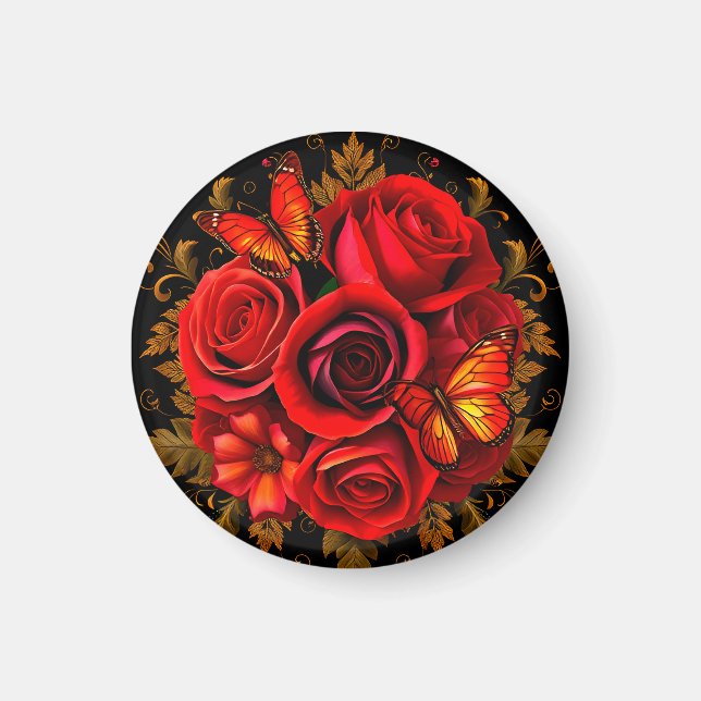 Imán Rosas Rojas Elegantes con Mariposas (Frente)