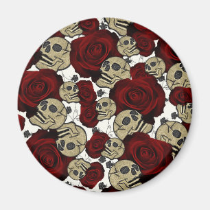 Imán Rosas Rojas y Calaveras Floral Negro Gótico Blanco