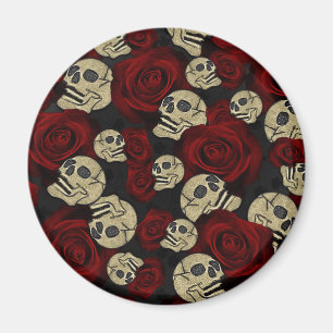 Imán Rosas Rojas y Calaveras Gris Negro Floral Gótico