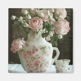Imán Rosas rosadas bonitas en tetera de porcelana antig