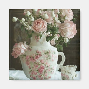 Imán Rosas rosadas bonitas en tetera de porcelana antig