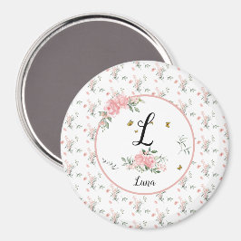 Imán Rosas rosadas elegantes acuarela con mariposas