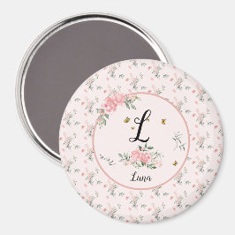 Imán Rosas rosadas elegantes al acuarela con mariposas