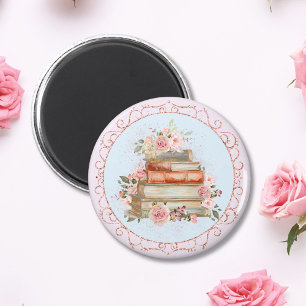 Imán Rosas rosadas vintage y flores de libros en acuare
