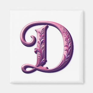 Imán Rosemaling Metálico Moderno Letra D, Rosa/Morado