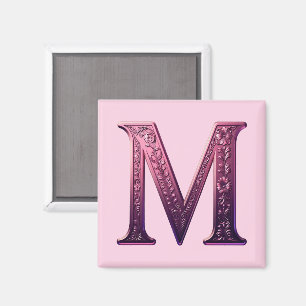 Imán Rosemaling Metálico Moderno Letra M, Rosa/Morado
