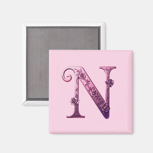 Imán Rosemaling Metálico Moderno Letra N, Rosa/Morado