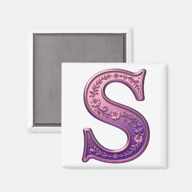 Imán Rosemaling Metálico Moderno Letra S, Rosa/Morado (Anverso/Reverso)