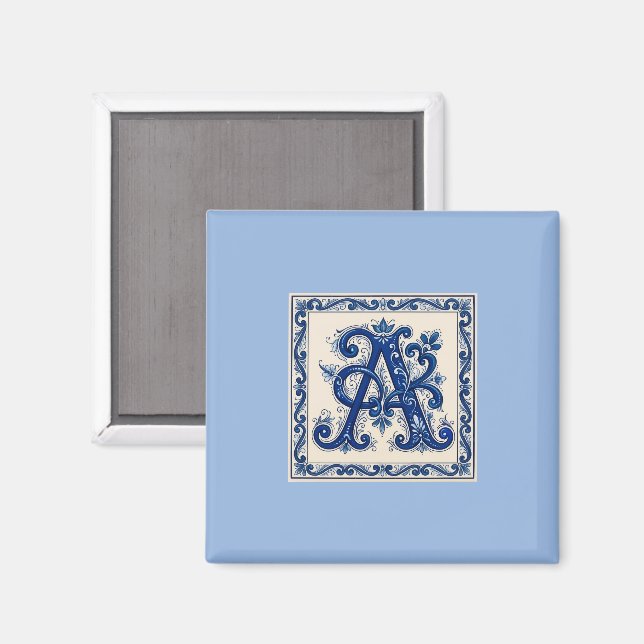 Imán Rosemaling Monograma Azul Prusiano (Anverso/Reverso)