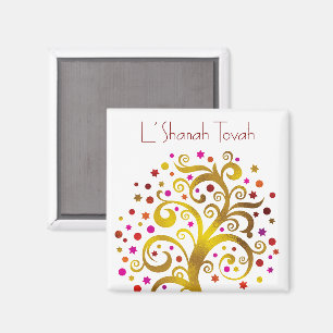 Imán Rosh Hashanah Red Gold Tree of Life Modern Moda