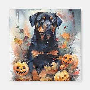 Imán Rottweiler de Halloween con calabazas aterradoras