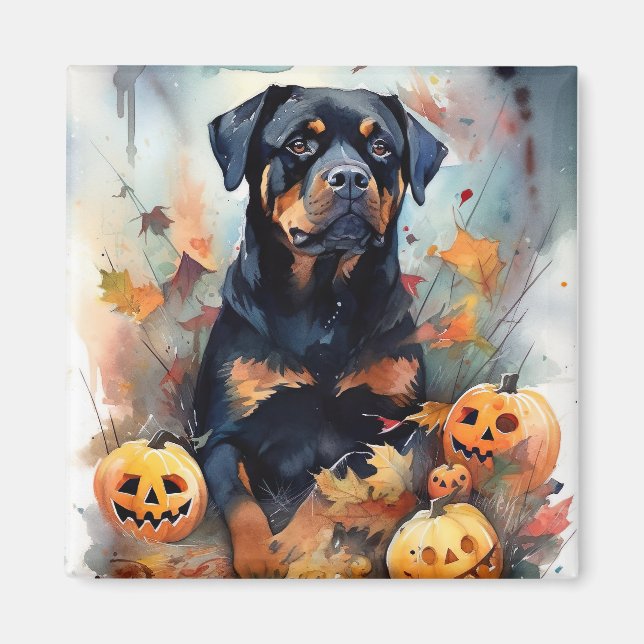 Imán Rottweiler de Halloween con calabazas aterradoras (Frente)
