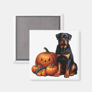 Imán Rottweiler sentado junto a calabazas de Halloween