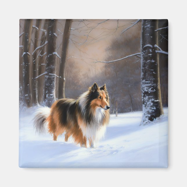 Imán Rough Collie Deja Que Nieva Navidades (Frente)