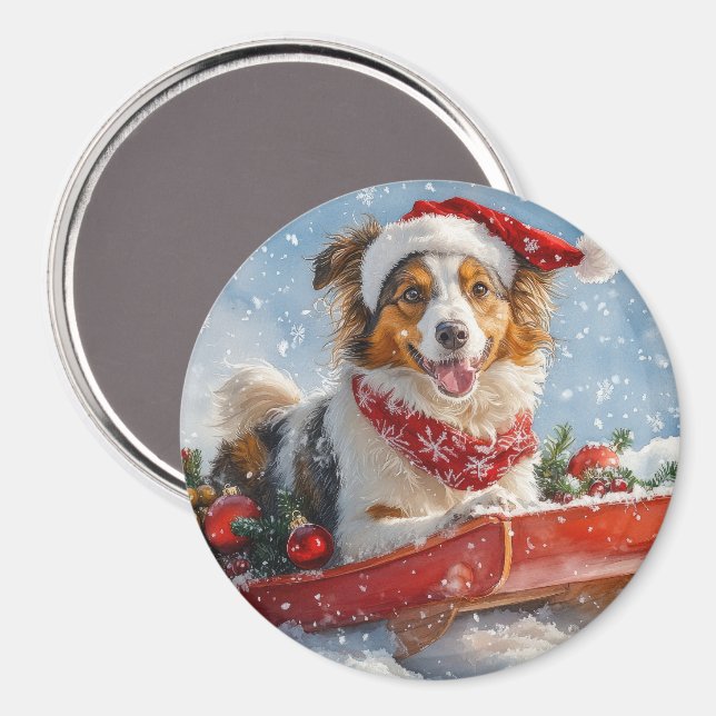 Imán Rough Collie Dog in Sledge Let it Snow Navidades (Anverso/Reverso)