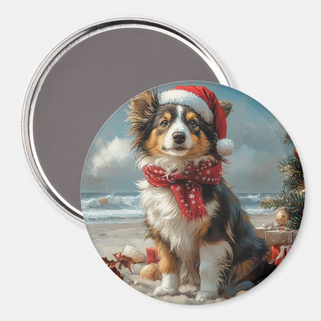 Imán Rough Collie Dog Navidades Vintage Beach (Anverso/Reverso)