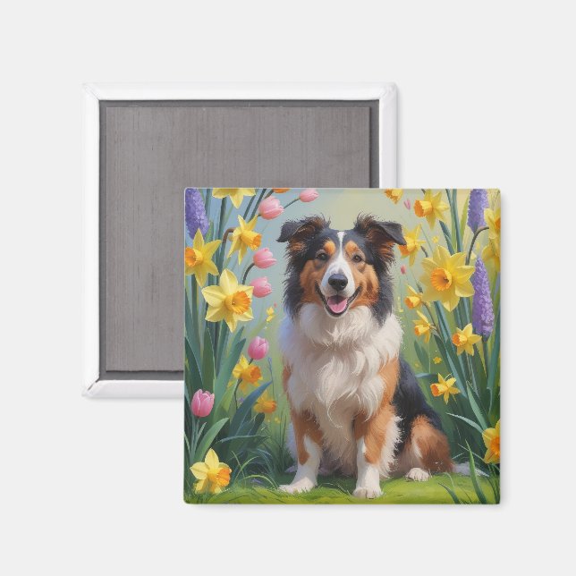 Imán Rough Collie Dog Spring Flowers Pintura (Anverso/Reverso)