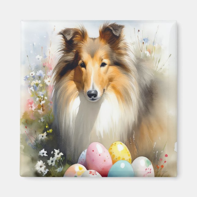 Imán Rough Collie Dog with Easter Eggs Holiday (Frente)