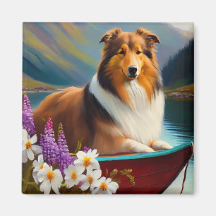 Imán Rough Collie on a Paddle: Una aventura panorámica