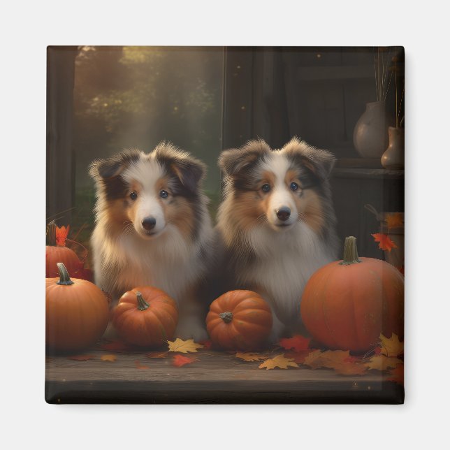 Imán Rough Collie Puppy Calabaza deslumbrante otoño (Frente)