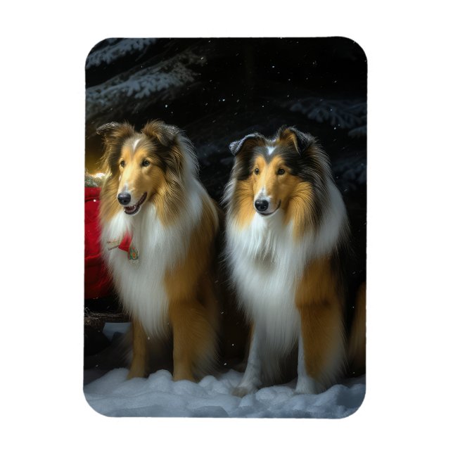 Imán Rough Collie Snowy Sleigh Navidades Decoración (Vertical)