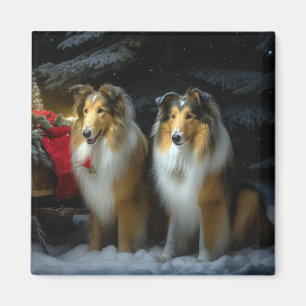 Imán Rough Collie Snowy Sleigh Navidades Decoración