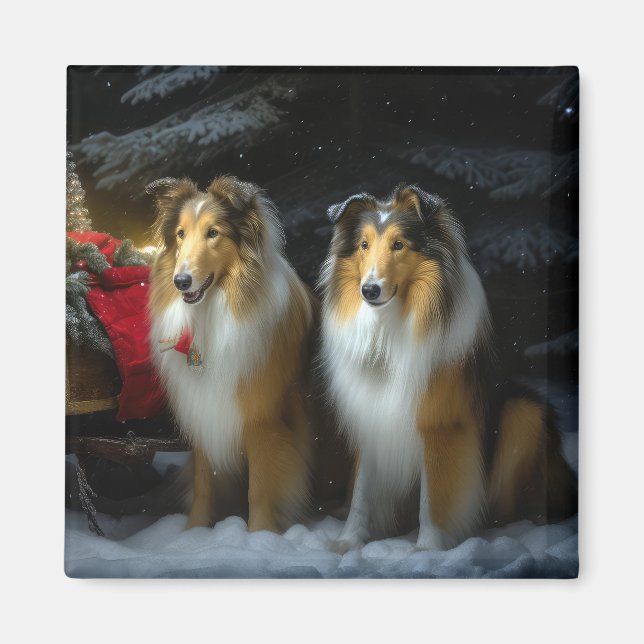 Imán Rough Collie Snowy Sleigh Navidades Decoración (Frente)
