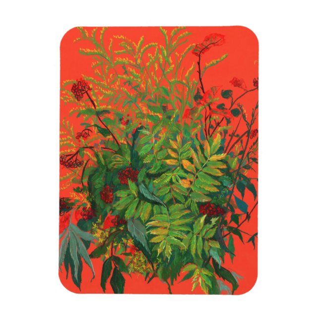 Imán Rowan Leaves & Red Berries on Orange Modern Floral (Vertical)